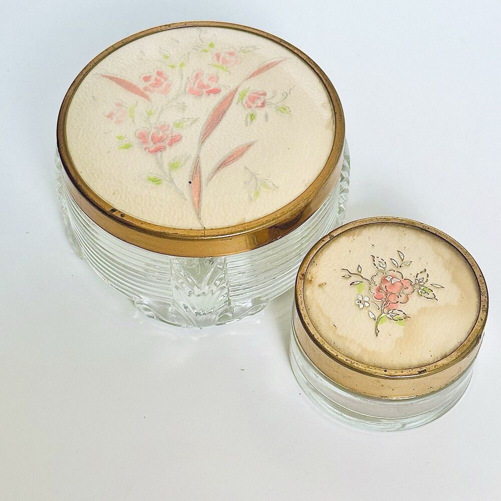 VTG Art Deco Footed Glass Powder Trinket Jar Floral Brass Lid Grandamcore Vanity